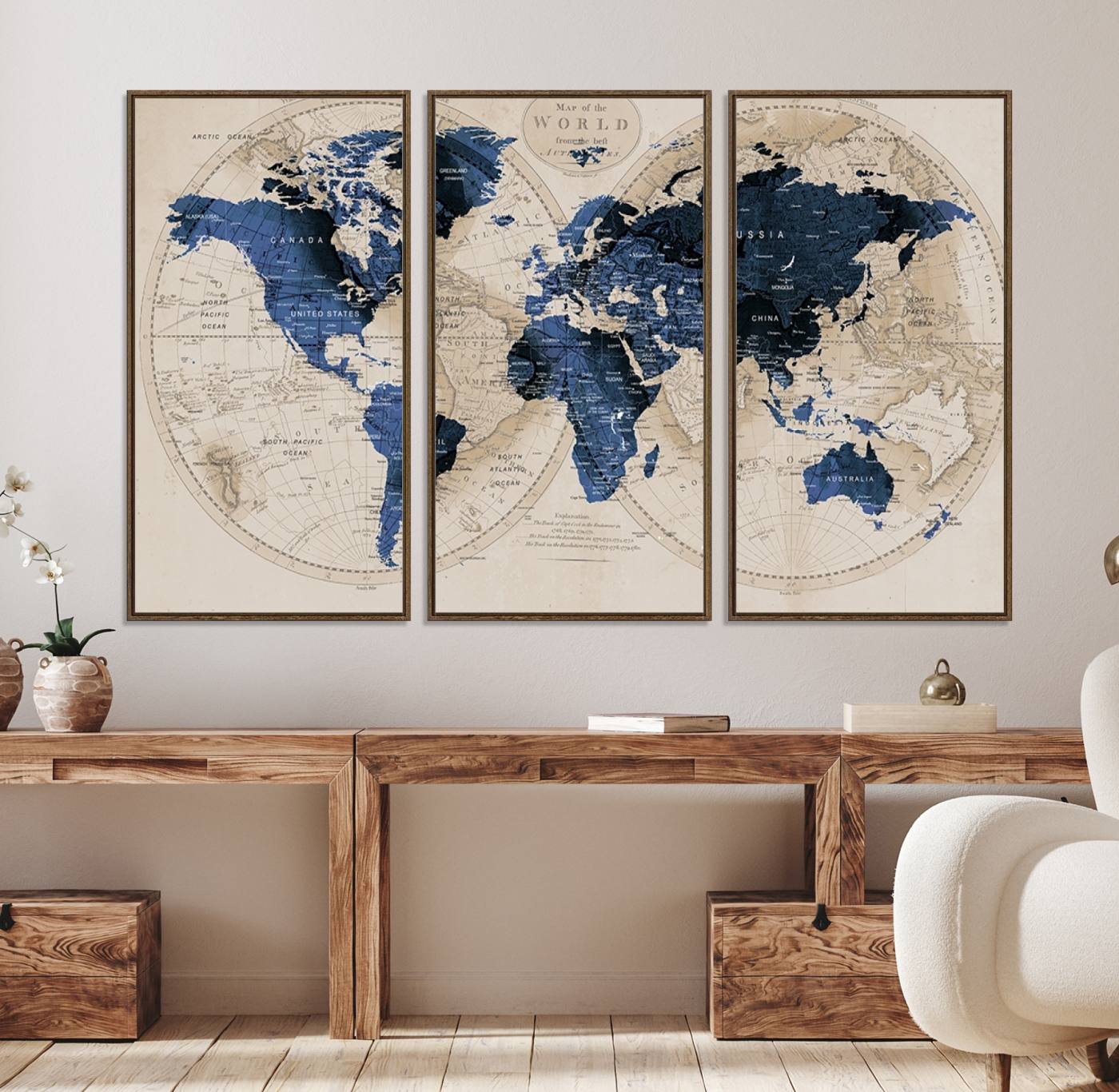 67444-MGV-CV-36X24-Vintage Triptych Map Print - Antique World Map Canvas Wall Art – Vintage Triptych Blue and Beige Map Print