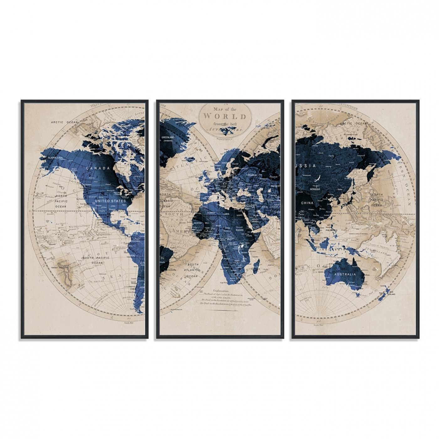 67444-MGV-FC-48X32-3P_Black-Vintage Triptych Map Print - Antique World Map Canvas Wall Art – Vintage Triptych Blue and Beige Map Print