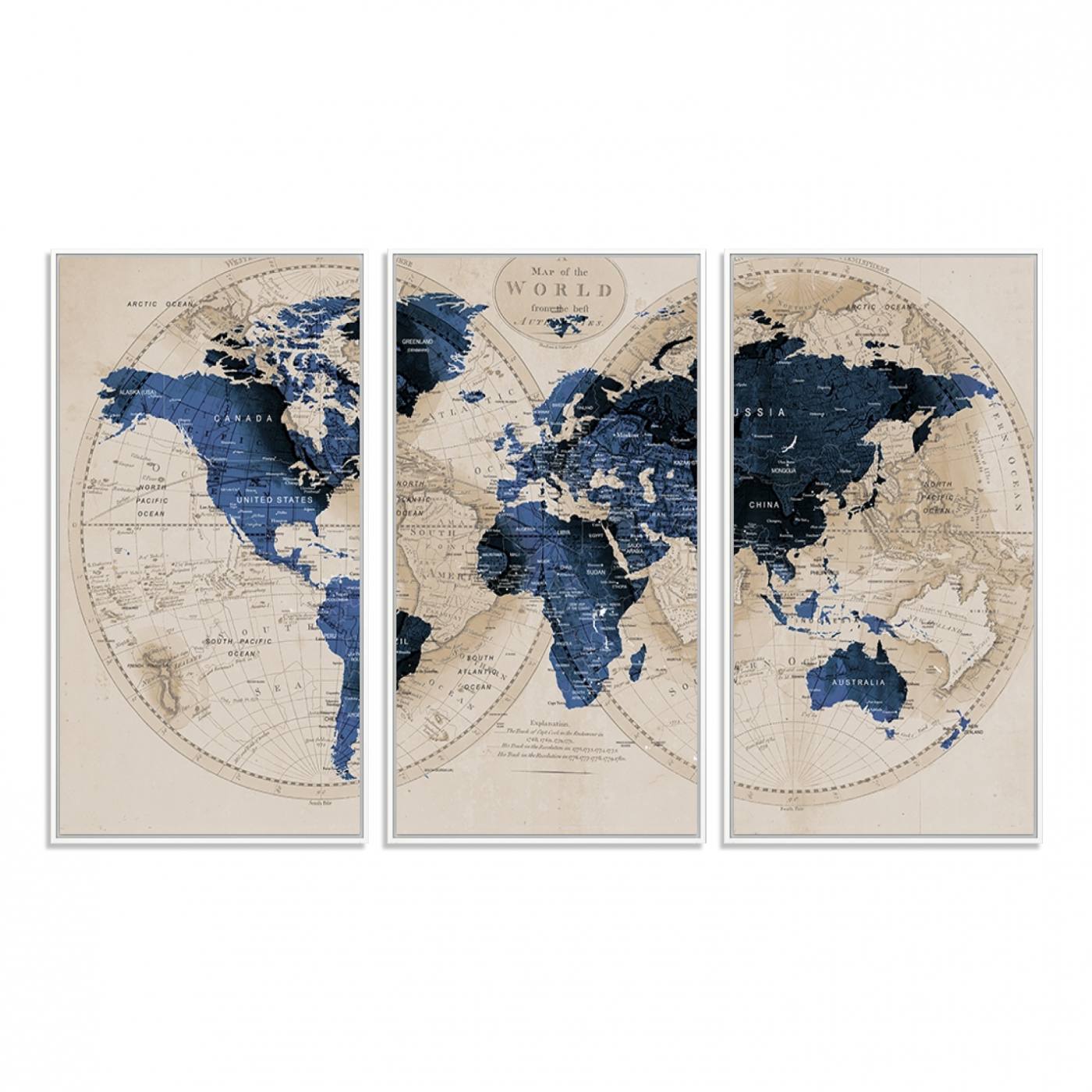 67444-MGV-FC-48X32-3P_White-Vintage Triptych Map Print - Antique World Map Canvas Wall Art – Vintage Triptych Blue and Beige Map Print