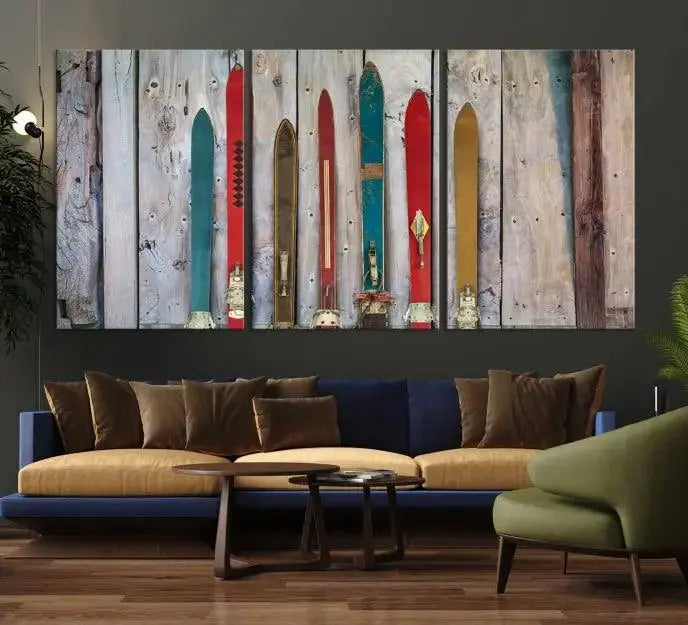 Vintage Wooden Weathered Ski's in Front of an Old Barn Wall Art Canvas Print for Farmhouse, Cabin Decor