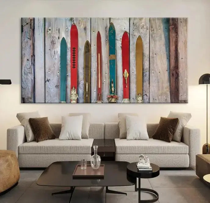 Vintage Wooden Weathered Ski's in Front of an Old Barn Wall Art Canvas Print for Farmhouse, Cabin Decor