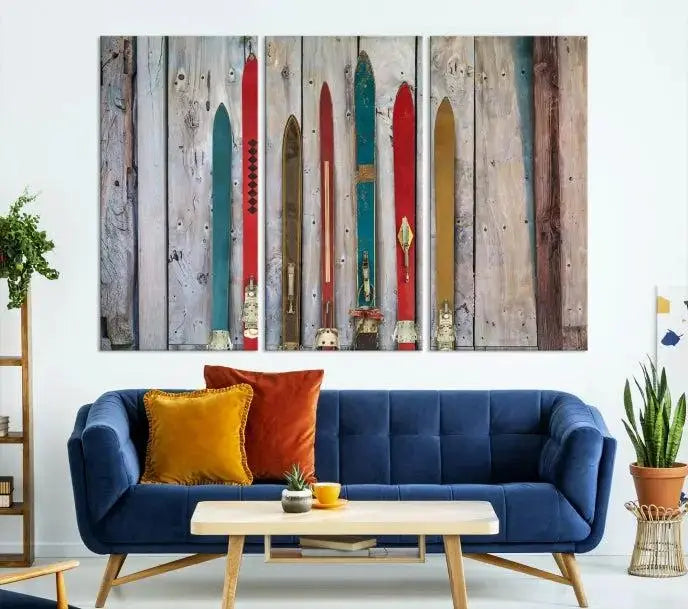 Vintage Wooden Weathered Ski's in Front of an Old Barn Wall Art Canvas Print for Farmhouse, Cabin Decor