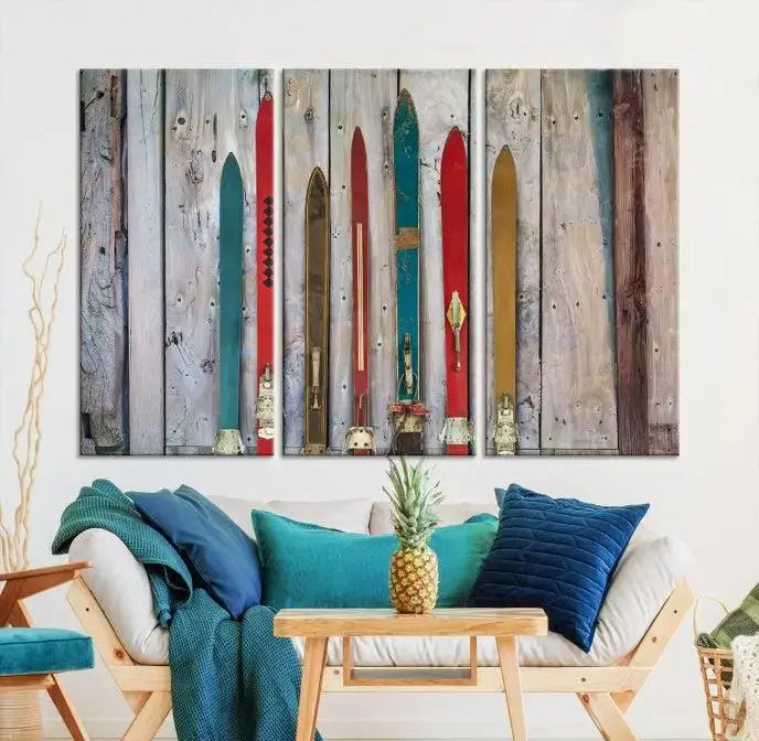 Vintage Wooden Weathered Ski's in Front of an Old Barn Wall Art Canvas Print for Farmhouse, Cabin Decor
