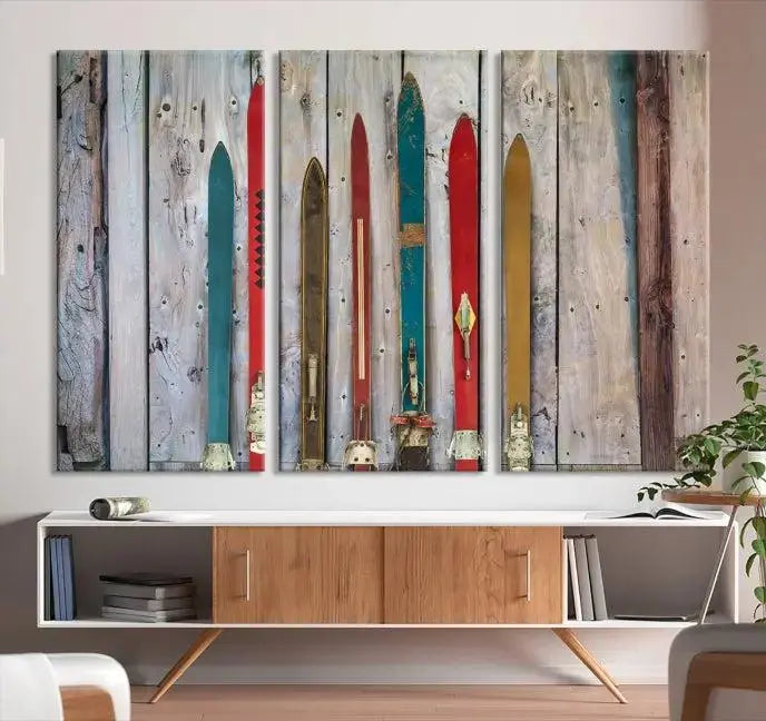 Vintage Wooden Weathered Ski's in Front of an Old Barn Wall Art Canvas Print for Farmhouse, Cabin Decor