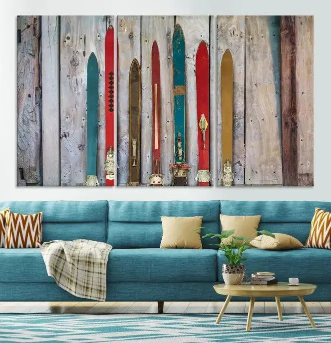 Vintage Wooden Weathered Ski's in Front of an Old Barn Wall Art Canvas Print for Farmhouse, Cabin Decor