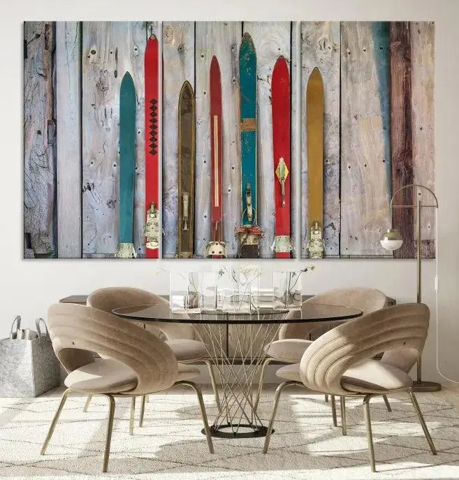 Vintage Wooden Weathered Ski's in Front of an Old Barn Wall Art Canvas Print for Farmhouse, Cabin Decor