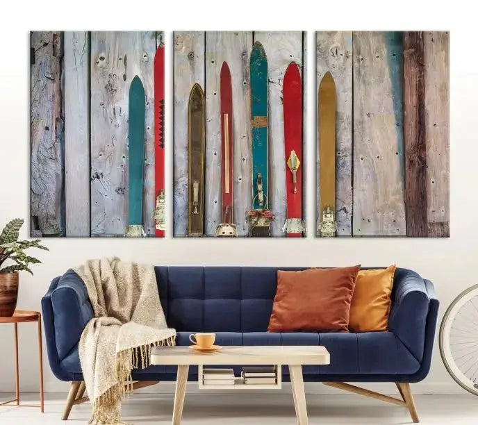 Vintage Wooden Weathered Ski's in Front of an Old Barn Wall Art Canvas Print for Farmhouse, Cabin Decor