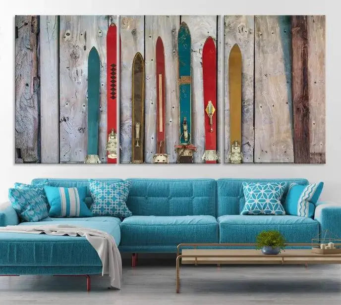 Vintage Wooden Weathered Ski's in Front of an Old Barn Wall Art Canvas Print for Farmhouse, Cabin Decor