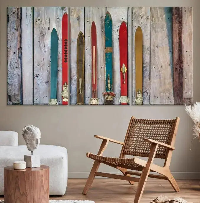 Vintage Wooden Weathered Ski's in Front of an Old Barn Wall Art Canvas Print for Farmhouse, Cabin Decor