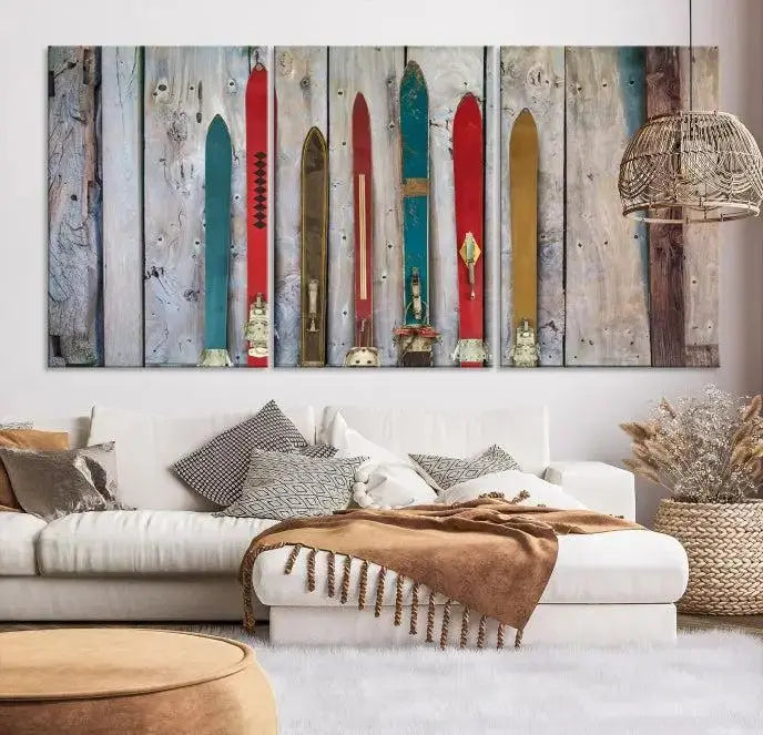 Vintage Wooden Weathered Ski's in Front of an Old Barn Wall Art Canvas Print for Farmhouse, Cabin Decor