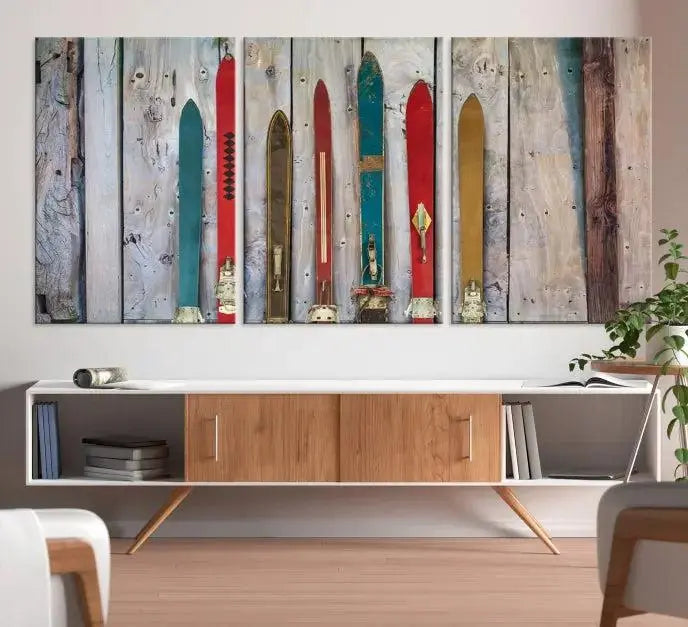 Vintage Wooden Weathered Ski's in Front of an Old Barn Wall Art Canvas Print for Farmhouse, Cabin Decor