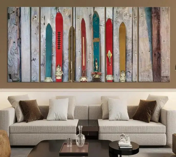 Vintage Wooden Weathered Ski's in Front of an Old Barn Wall Art Canvas Print for Farmhouse, Cabin Decor