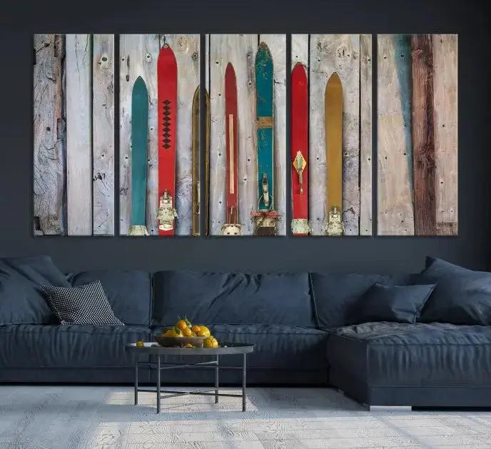 The cozy living room exudes rustic charm with the Vintage Wooden Weathered Ski's in Front of an Old Barn Wall Art Canvas Print, perfectly complementing the farmhouse decor and creating a perfect mountain retreat atmosphere.