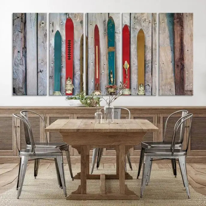 The cozy living room exudes rustic charm with the Vintage Wooden Weathered Ski's in Front of an Old Barn Wall Art Canvas Print, perfectly complementing the farmhouse decor and creating a perfect mountain retreat atmosphere.