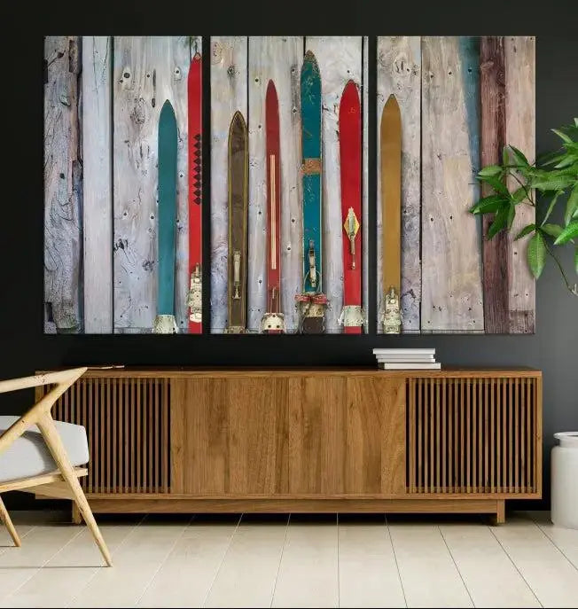 Vintage Wooden Weathered Ski's in Front of an Old Barn Wall Art Canvas Print for Farmhouse, Cabin Decor