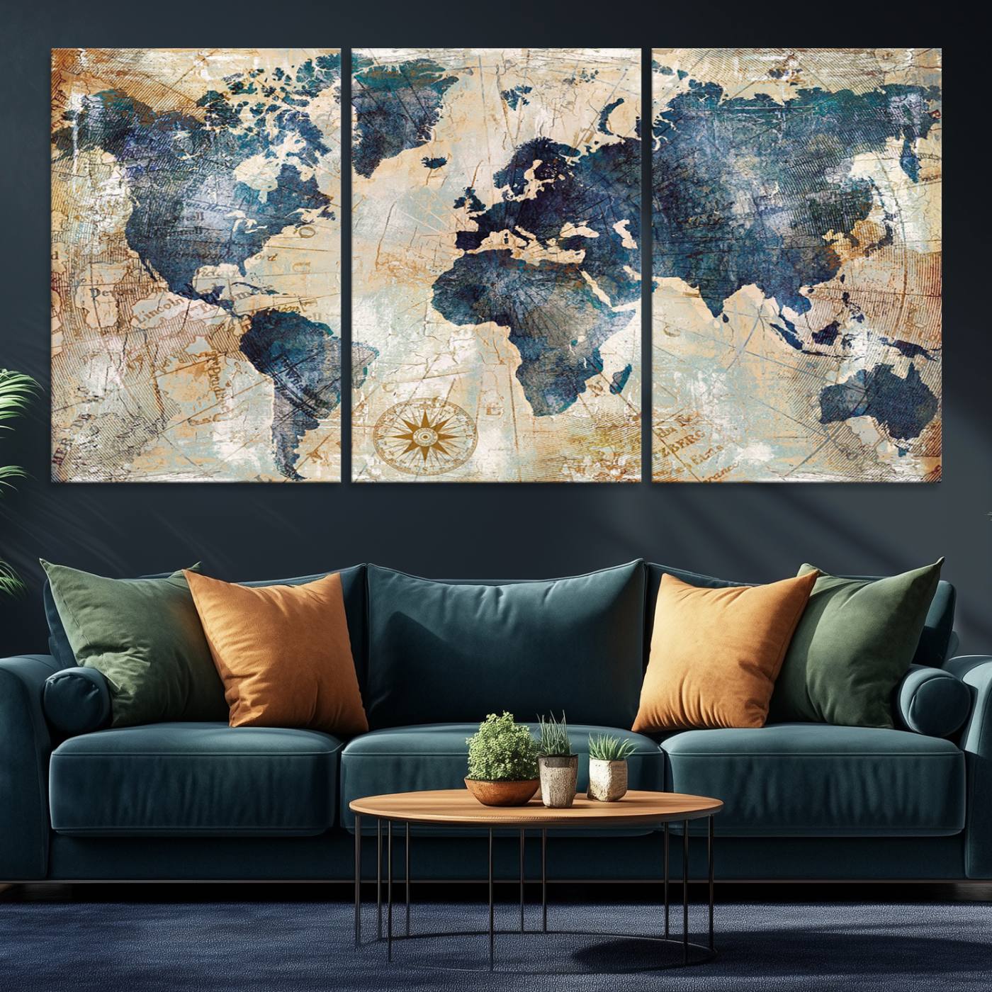 Vintage World Map Canvas Print – Antique Nautical Triptych Wall Art – World Map Decor for Living Room or Office – Ready to Hang
