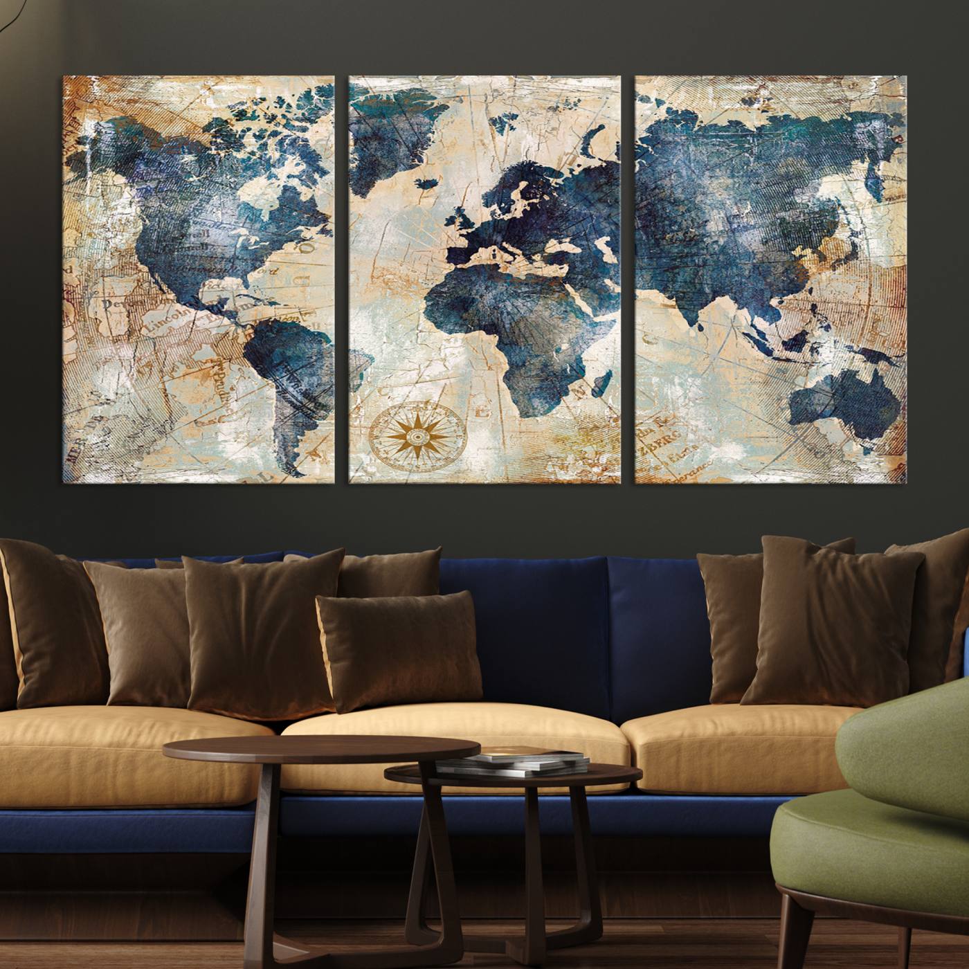 84561-MGV-CV-36X24-Vintage World Map Canvas Print – Antique Nautical Triptych Wall Art – World Map Decor for Living Room or Office – Ready to Hang
