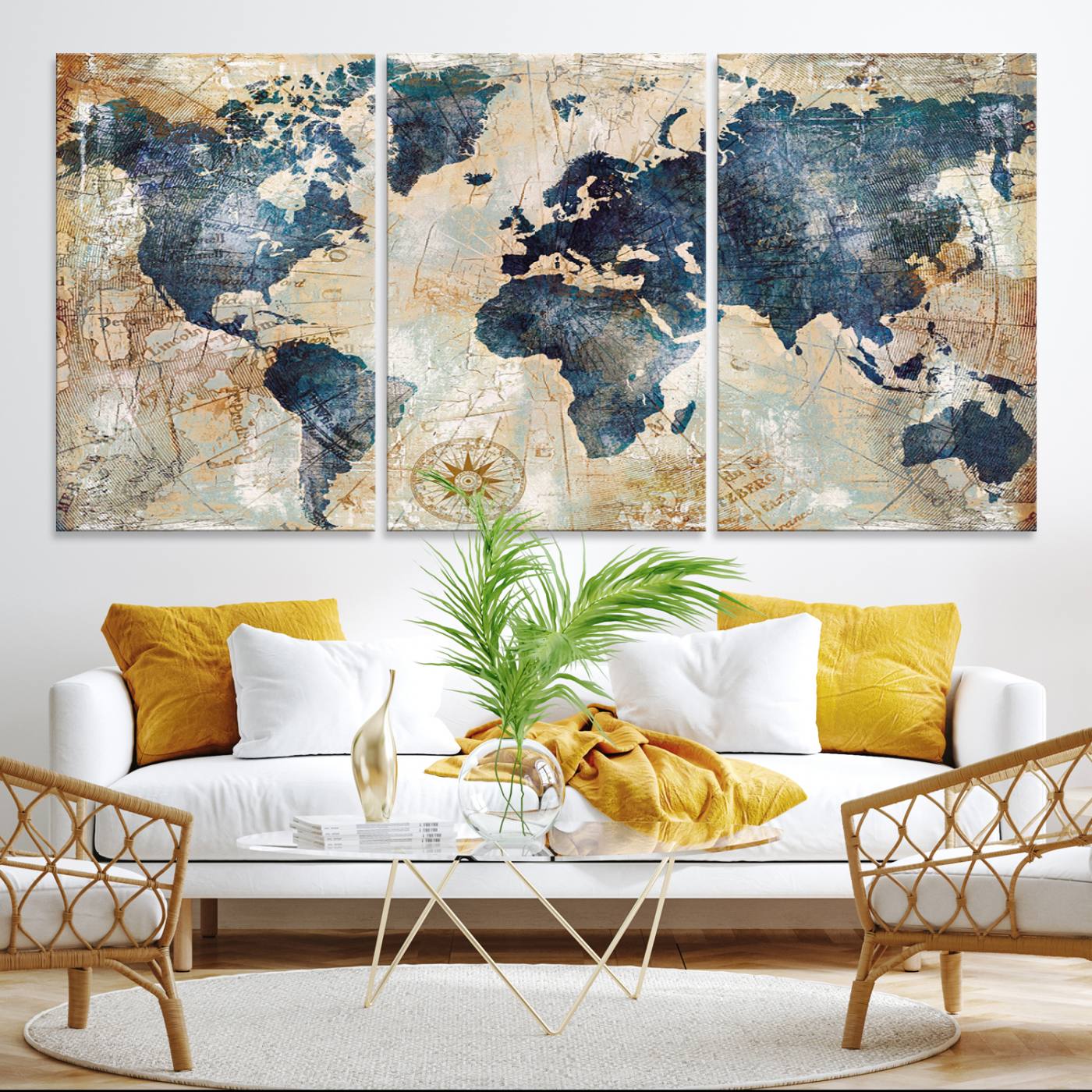 84561-MGV-CV-36X24-Vintage World Map Canvas Print – Antique Nautical Triptych Wall Art – World Map Decor for Living Room or Office – Ready to Hang