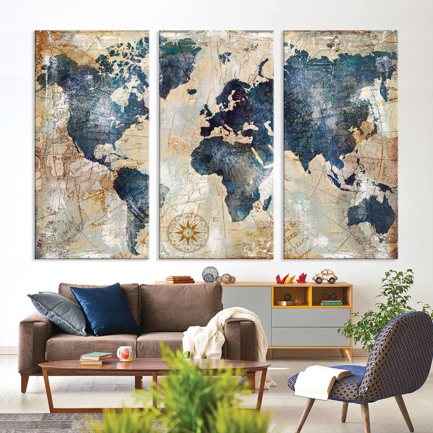 84561-MGV-CV-36X24-Vintage World Map Canvas Print – Antique Nautical Triptych Wall Art – World Map Decor for Living Room or Office – Ready to Hang