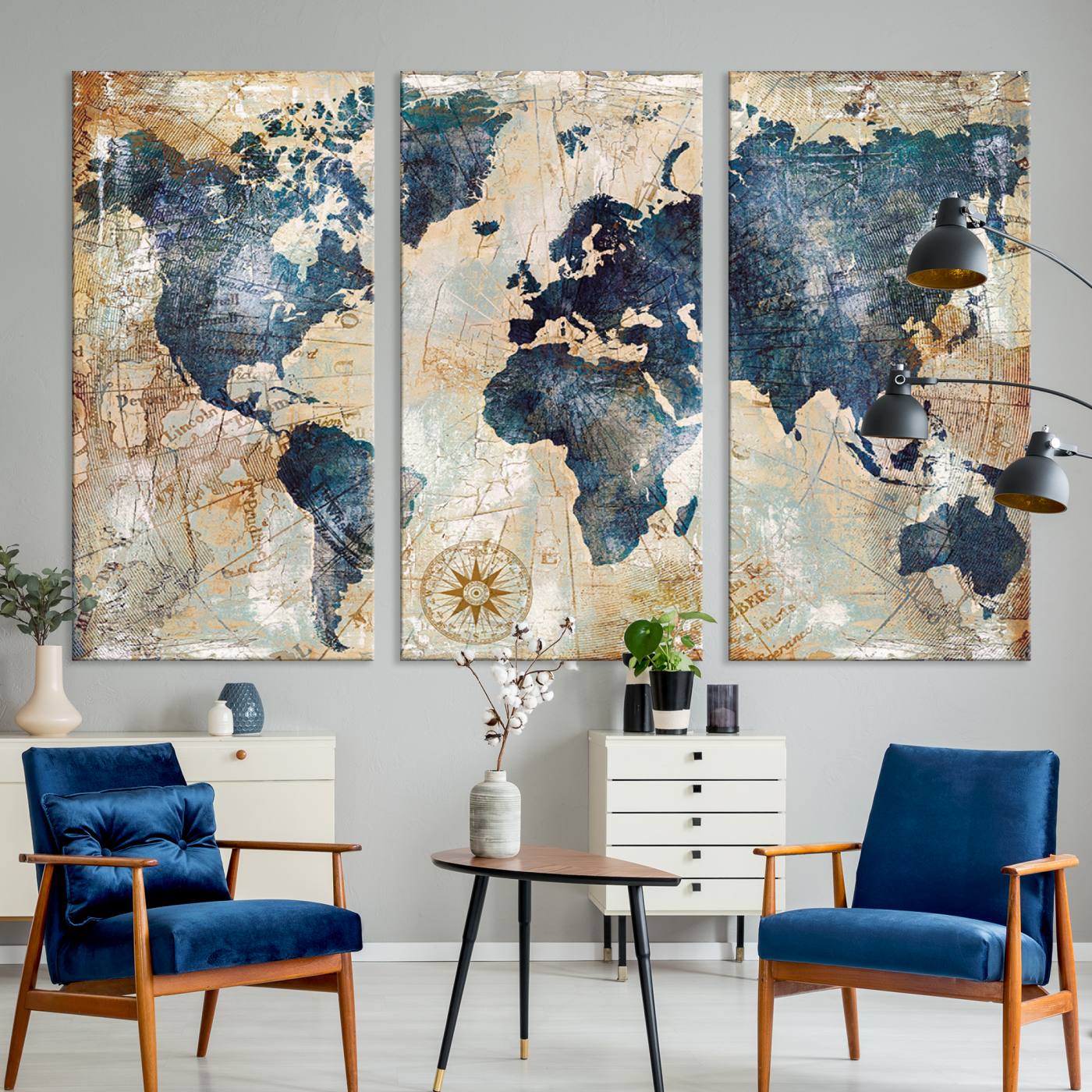 84561-MGV-CV-36X24-Vintage World Map Canvas Print – Antique Nautical Triptych Wall Art – World Map Decor for Living Room or Office – Ready to Hang