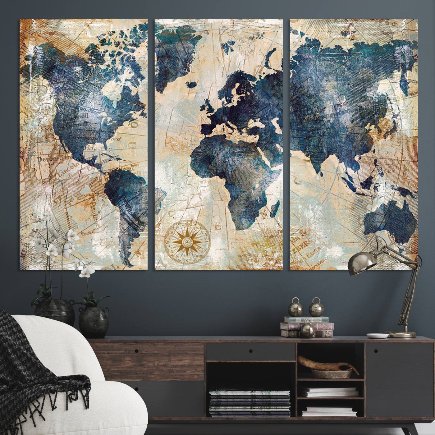 84561-MGV-CV-36X24-Vintage World Map Canvas Print – Antique Nautical Triptych Wall Art – World Map Decor for Living Room or Office – Ready to Hang