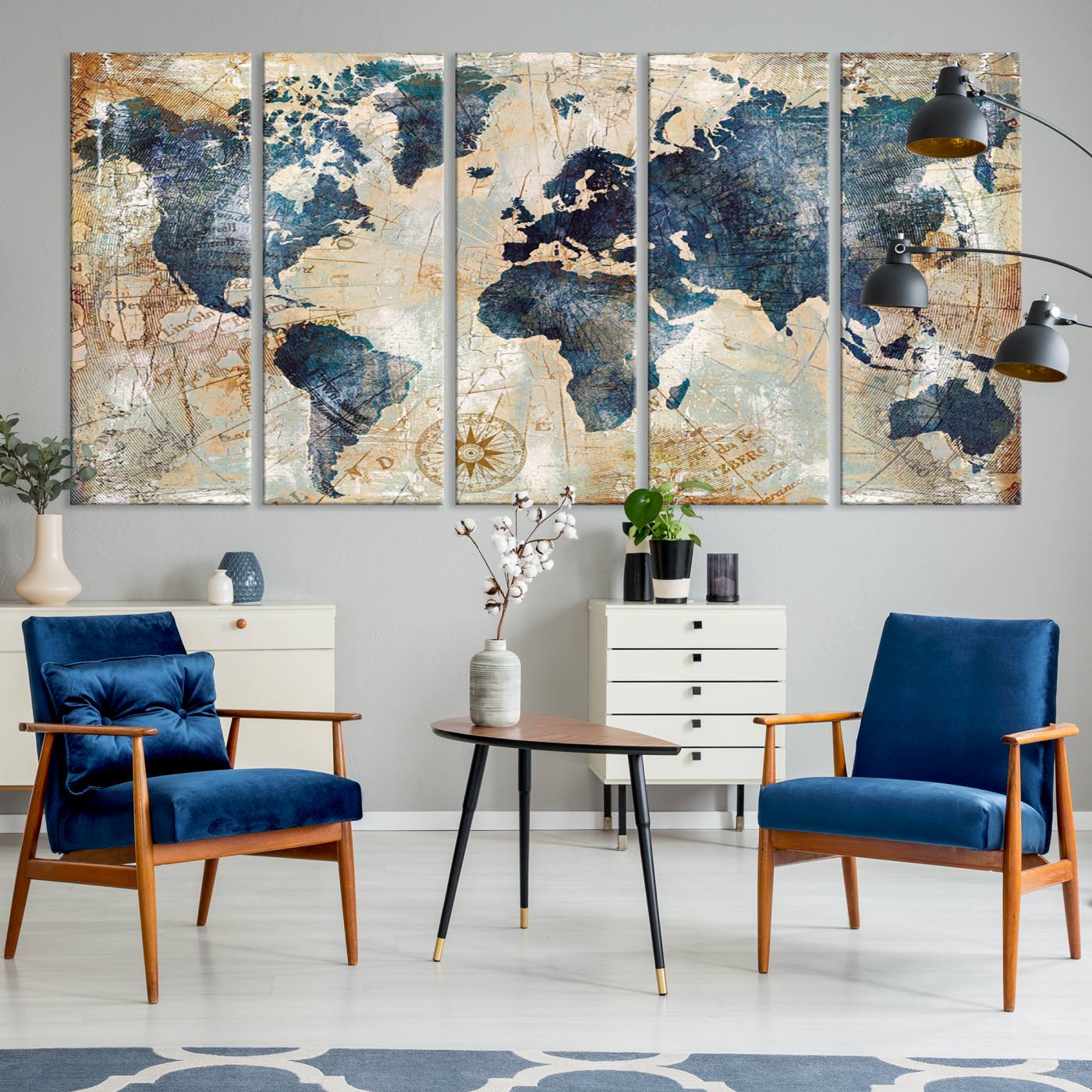 84561-MGV-CV-36X24-Vintage World Map Canvas Print – Antique Nautical Triptych Wall Art – World Map Decor for Living Room or Office – Ready to Hang