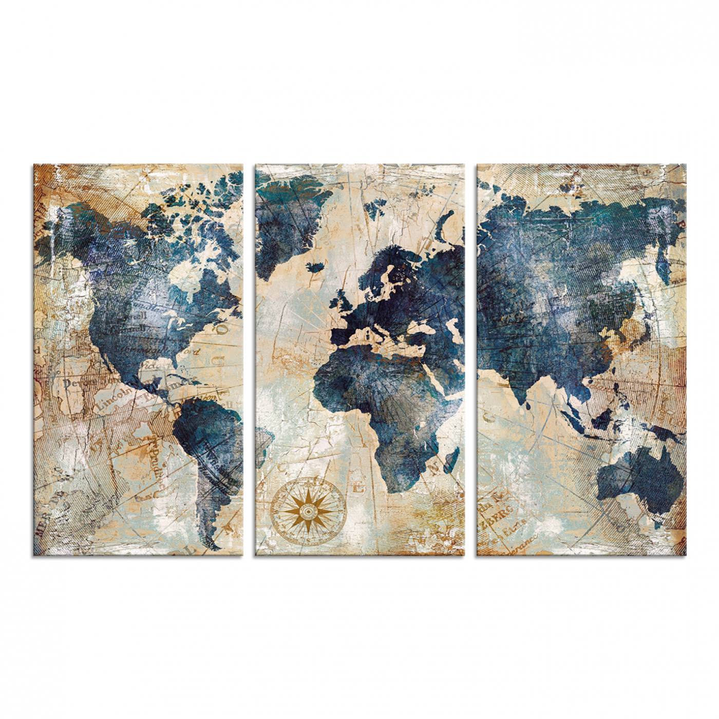 84561-MGV-CV-48X32-3P-Vintage World Map Canvas Print – Antique Nautical Triptych Wall Art – World Map Decor for Living Room or Office – Ready to Hang