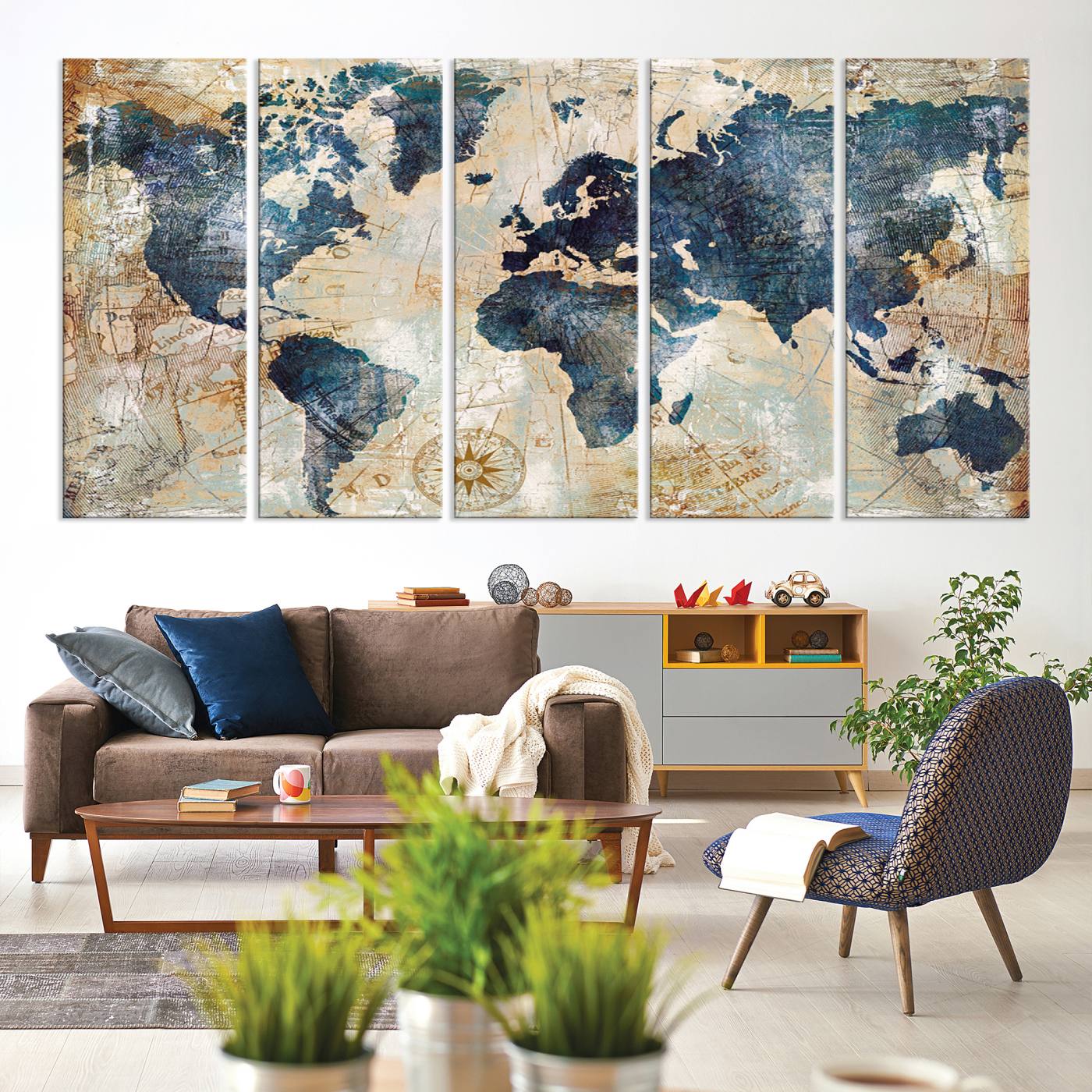 84561-MGV-CV-60X31-5P-Vintage World Map Canvas Print – Antique Nautical Triptych Wall Art – World Map Decor for Living Room or Office – Ready to Hang