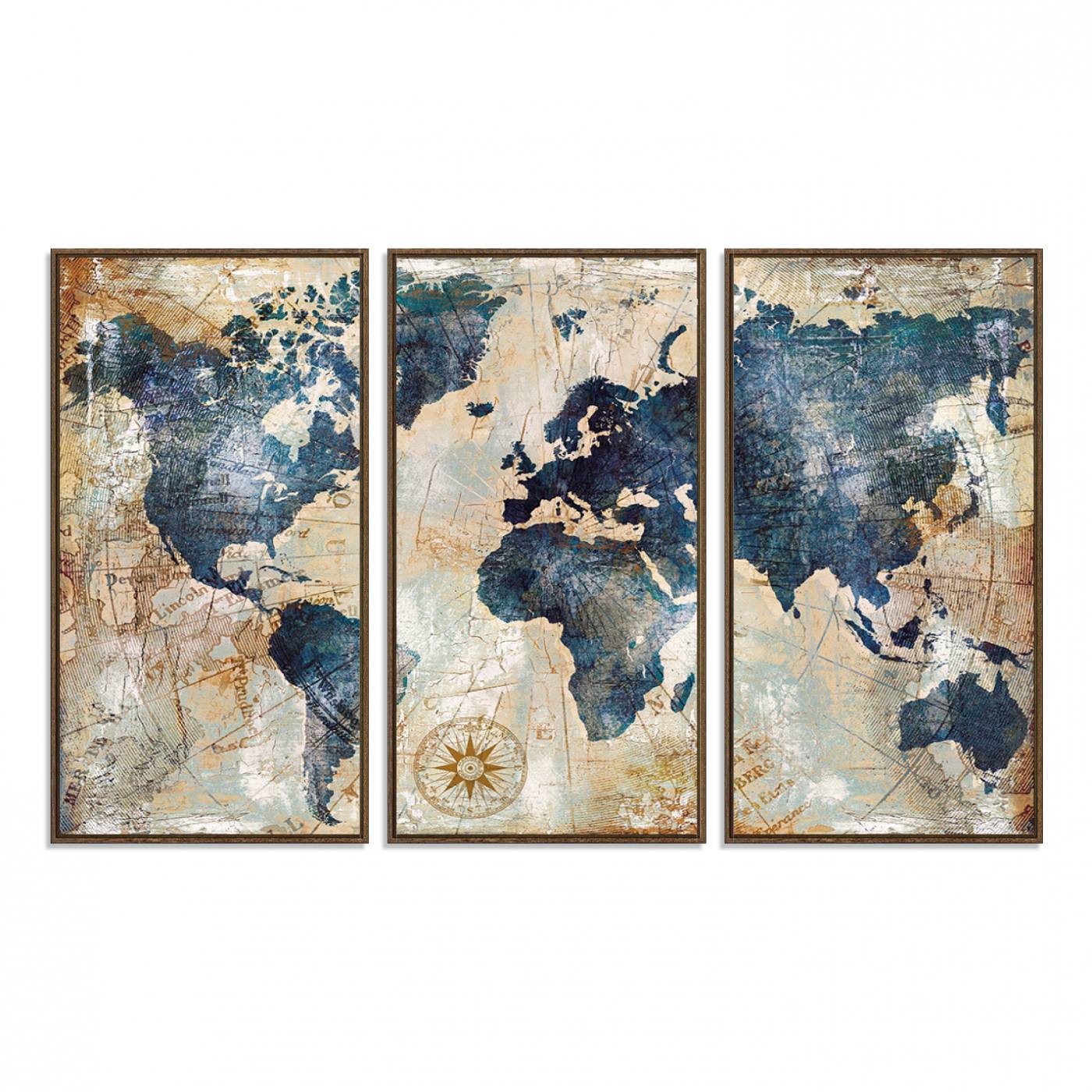 84561-MGV-FC-48X32-3P_Walnut-Vintage World Map Canvas Print – Antique Nautical Triptych Wall Art – World Map Decor for Living Room or Office – Ready to Hang