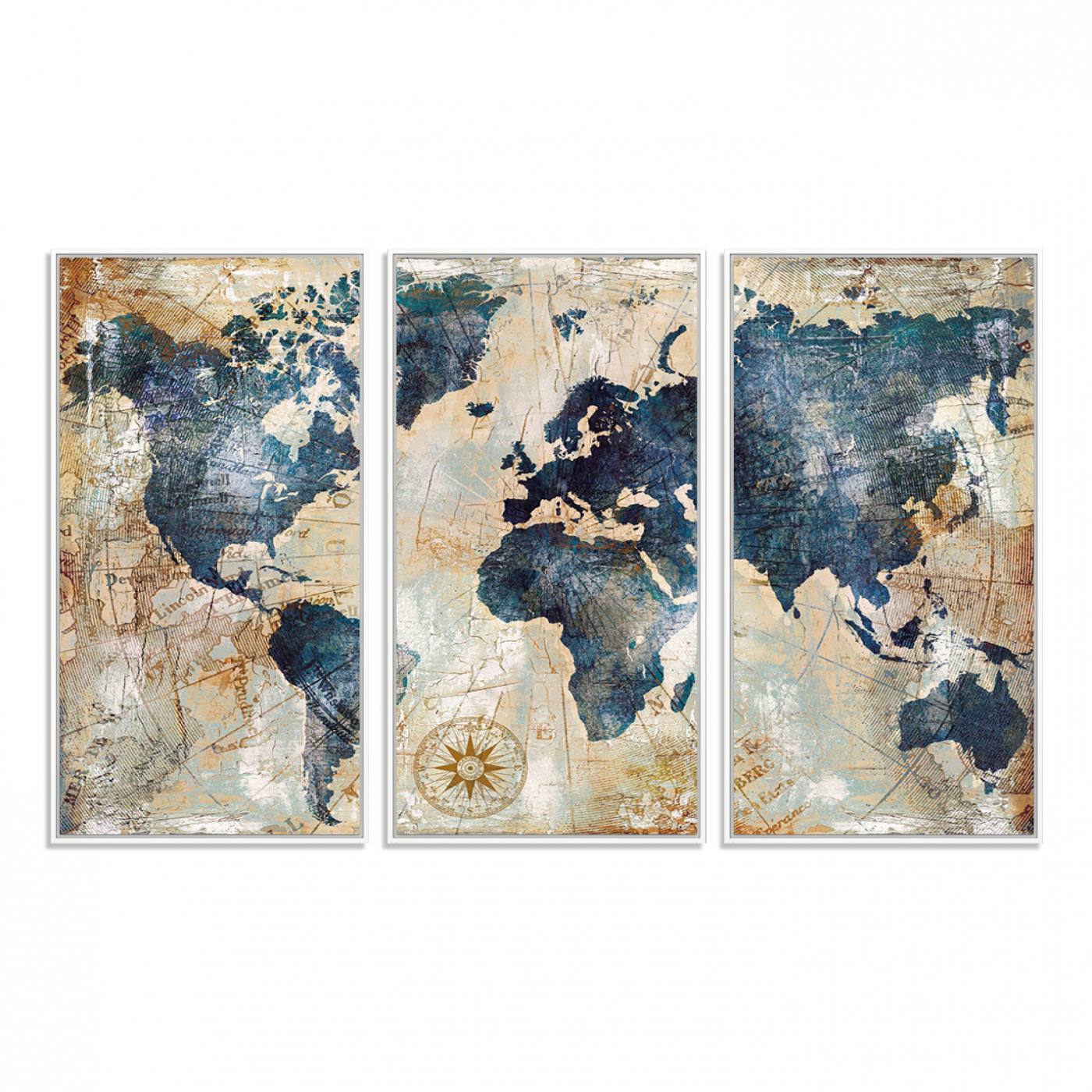 84561-MGV-FC-48X32-3P_White-Vintage World Map Canvas Print – Antique Nautical Triptych Wall Art – World Map Decor for Living Room or Office – Ready to Hang