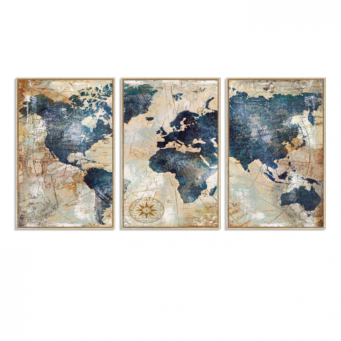 84561-MGV-FC-60X30-3P_Natural-Vintage World Map Canvas Print – Antique Nautical Triptych Wall Art – World Map Decor for Living Room or Office – Ready to Hang