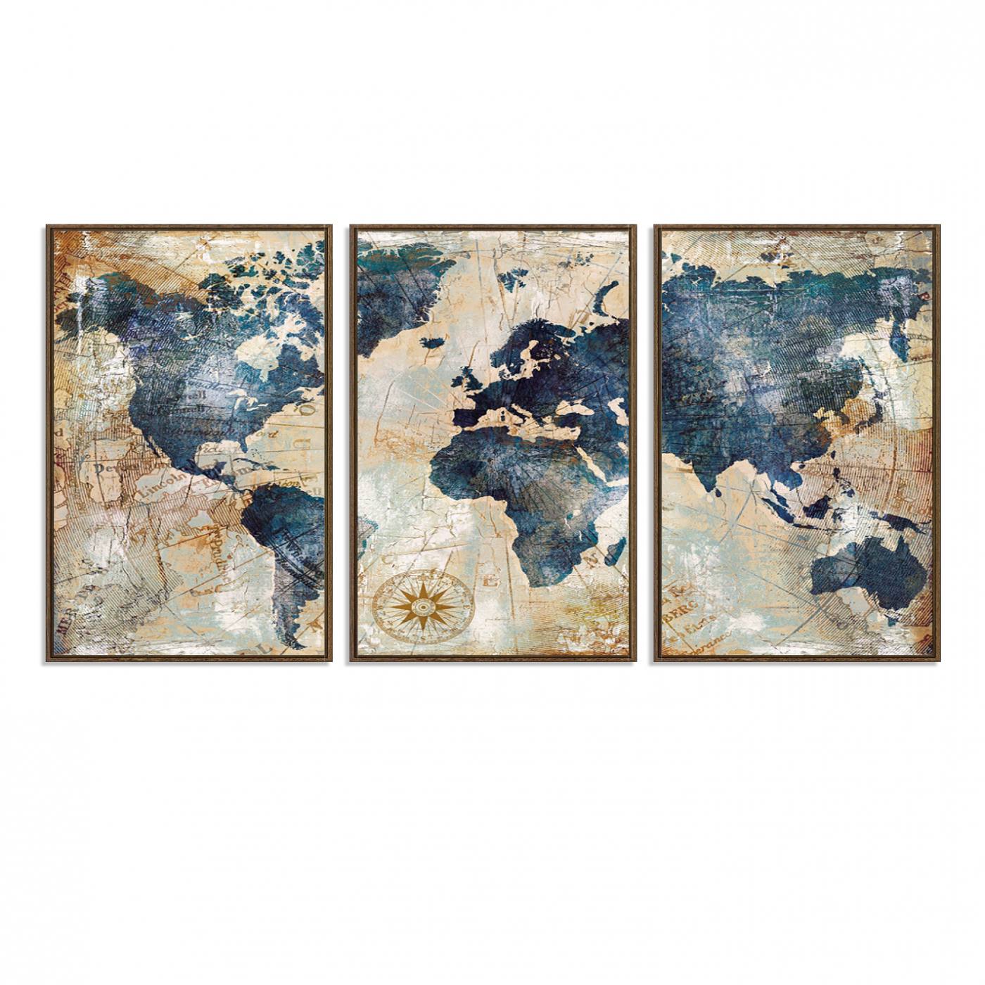 84561-MGV-FC-60X30-3P_Walnut-Vintage World Map Canvas Print – Antique Nautical Triptych Wall Art – World Map Decor for Living Room or Office – Ready to Hang