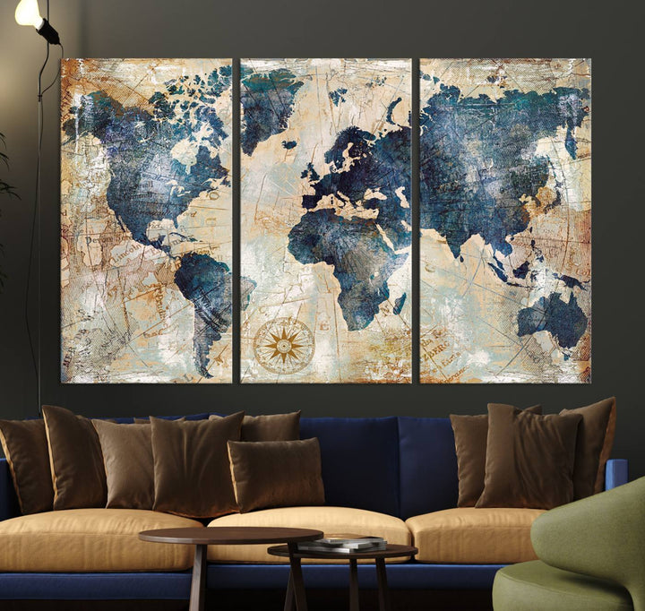Vintage World Map Canvas Print – Antique Nautical Triptych Wall Art – World Map Decor for Living Room or Office – Ready to Hang