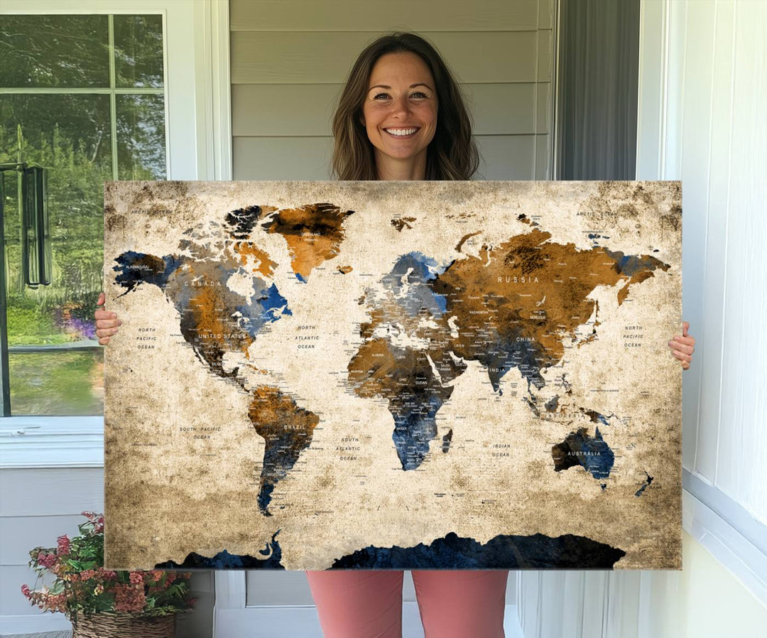 Vintage World Map Canvas Print - Framed, Ready to Hang, Rustic Global Map Art for Home and Office Decor
