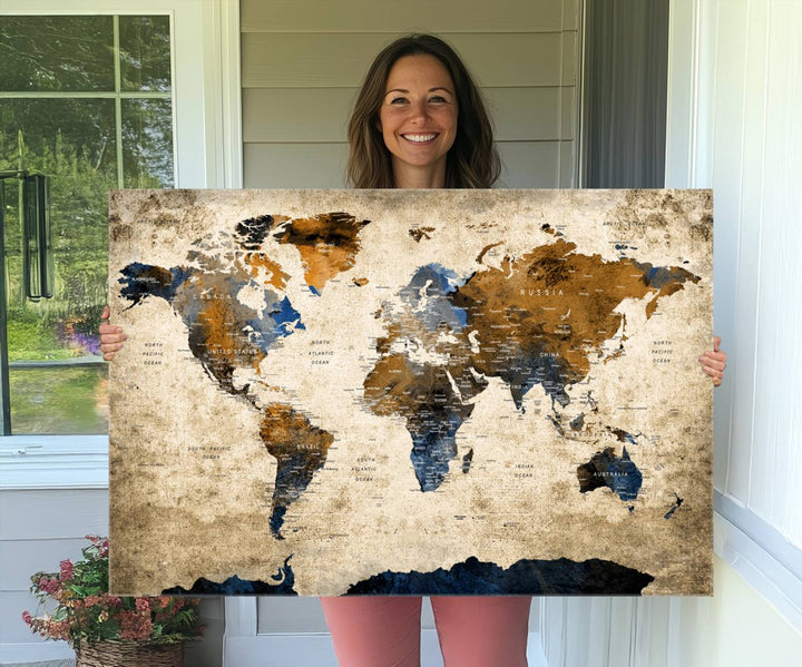 Vintage World Map Canvas Print - Framed, Ready to Hang, Rustic Global Map Art for Home and Office Decor