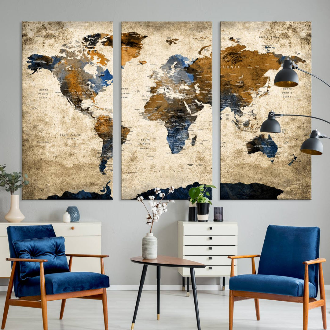Vintage World Map Canvas Print - Framed, Ready to Hang, Rustic Global Map Art for Home and Office Decor