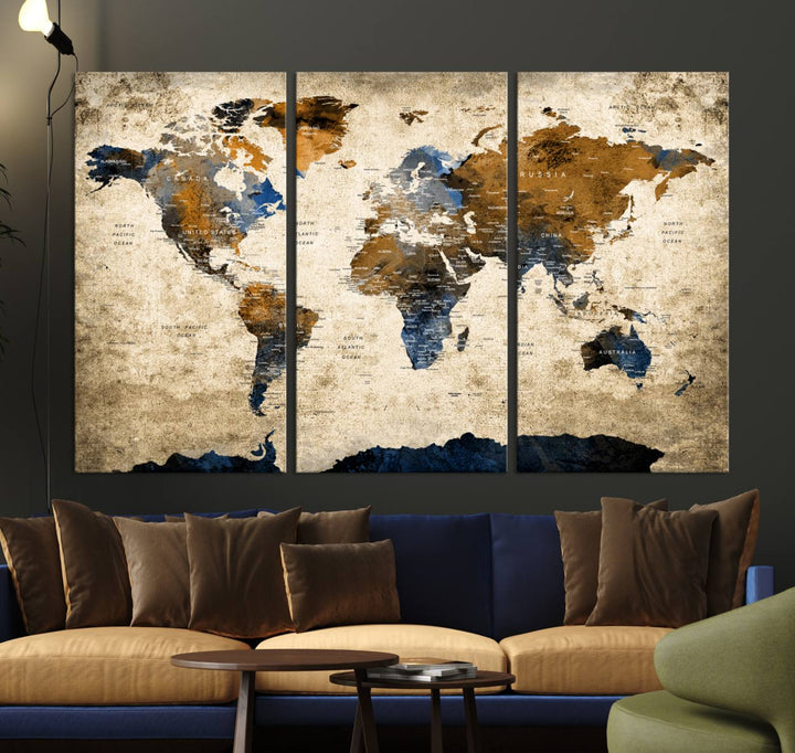 Vintage World Map Canvas Print - Framed, Ready to Hang, Rustic Global Map Art for Home and Office Decor