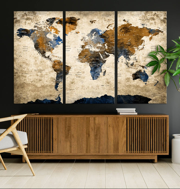 Vintage World Map Canvas Print - Framed, Ready to Hang, Rustic Global Map Art for Home and Office Decor
