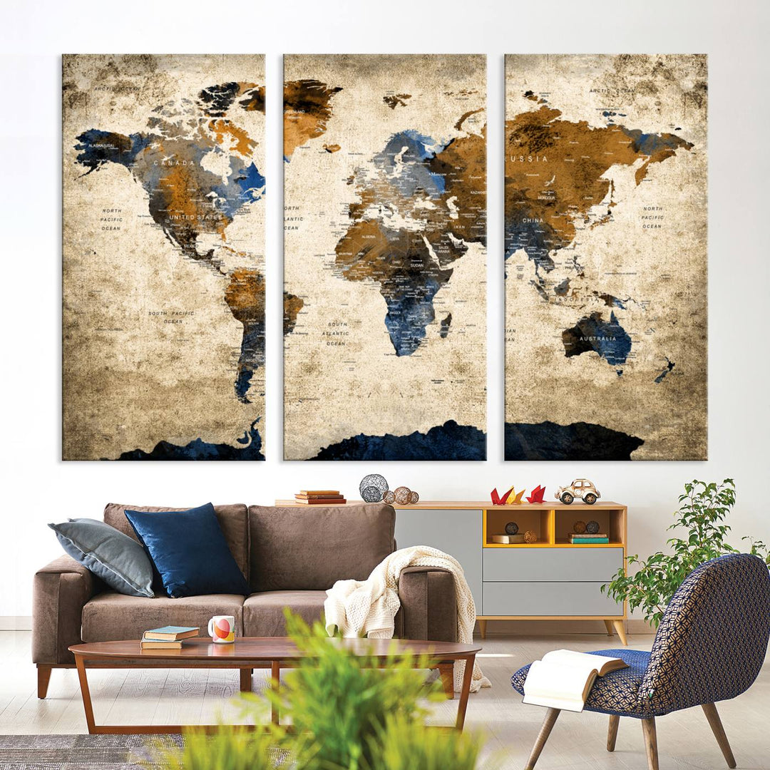 Vintage World Map Canvas Print - Framed, Ready to Hang, Rustic Global Map Art for Home and Office Decor