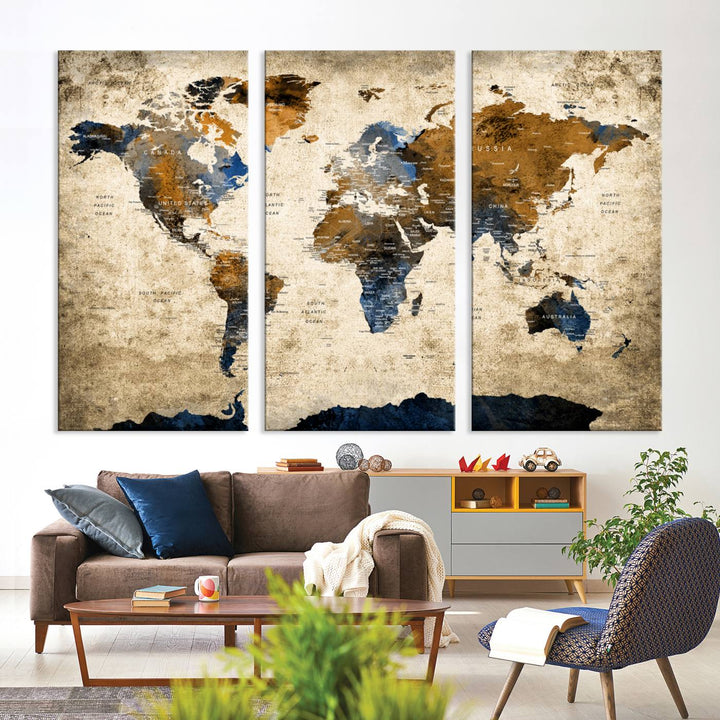 Vintage World Map Canvas Print - Framed, Ready to Hang, Rustic Global Map Art for Home and Office Decor