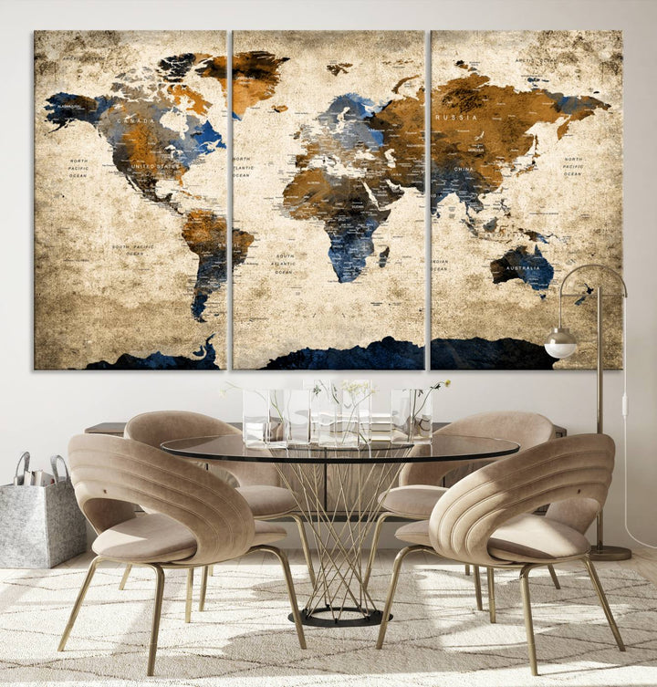 Vintage World Map Canvas Print - Framed, Ready to Hang, Rustic Global Map Art for Home and Office Decor