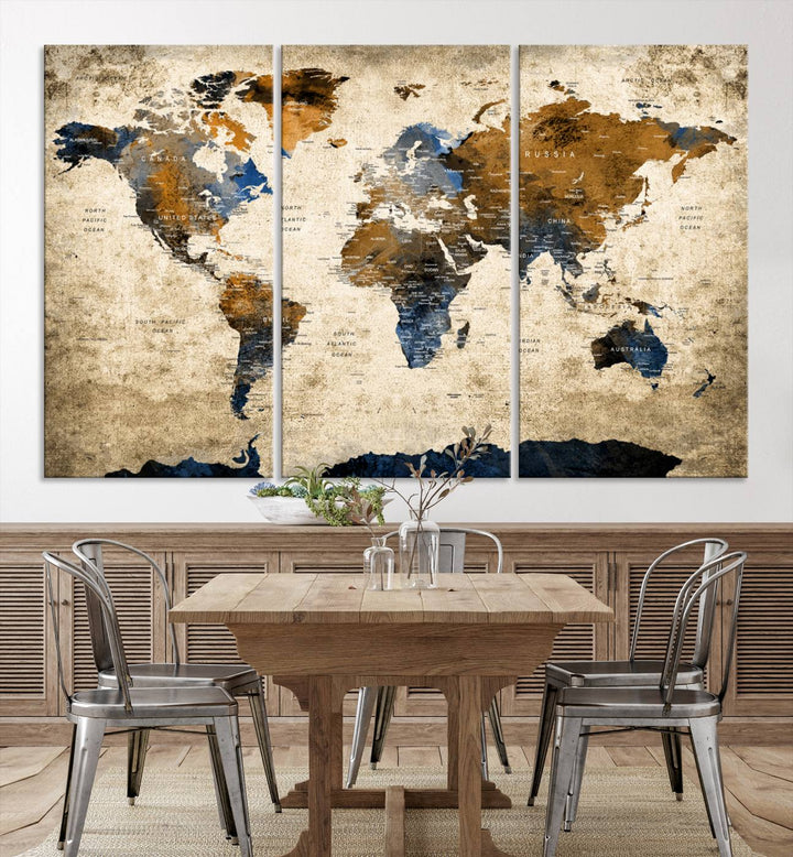 Vintage World Map Canvas Print - Framed, Ready to Hang, Rustic Global Map Art for Home and Office Decor