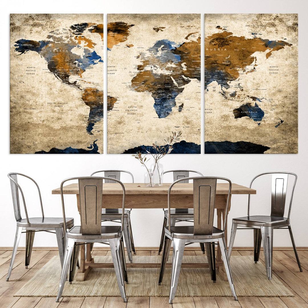 Vintage World Map Canvas Print - Framed, Ready to Hang, Rustic Global Map Art for Home and Office Decor