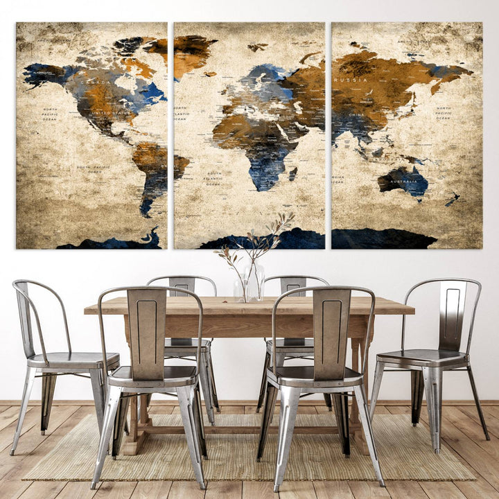 Vintage World Map Canvas Print - Framed, Ready to Hang, Rustic Global Map Art for Home and Office Decor