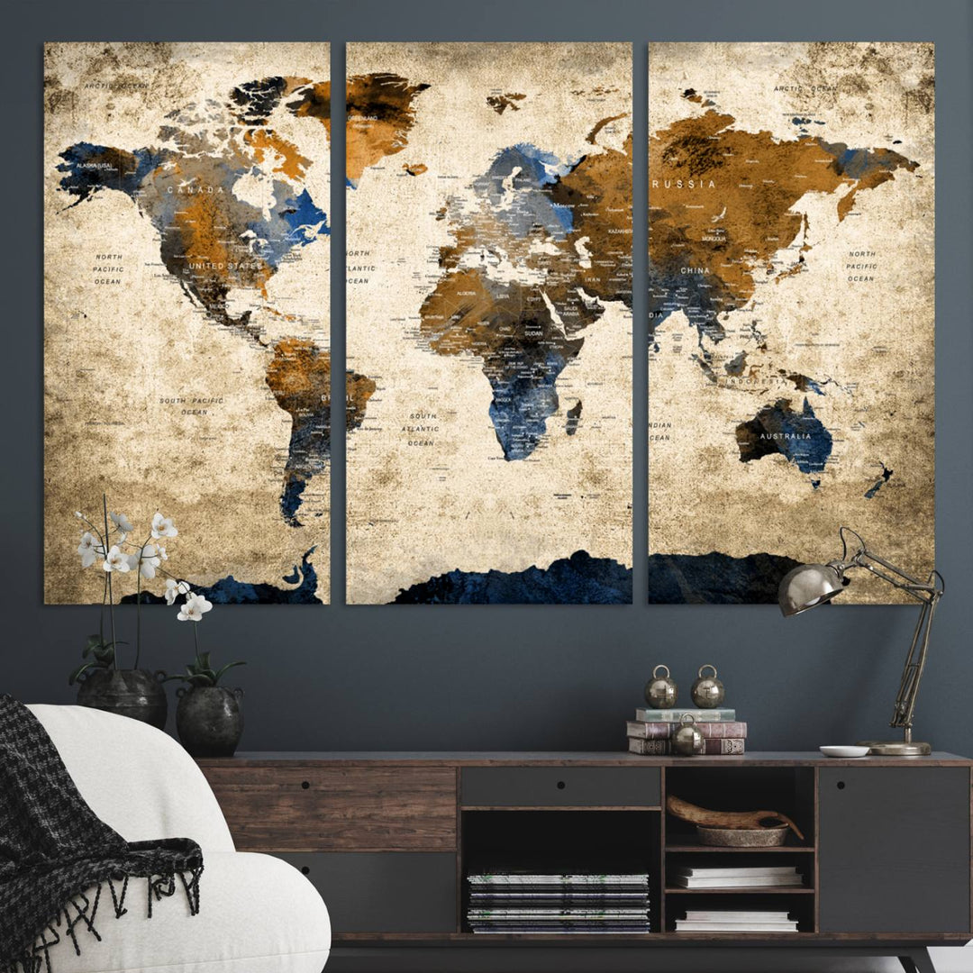 Vintage World Map Canvas Print - Framed, Ready to Hang, Rustic Global Map Art for Home and Office Decor