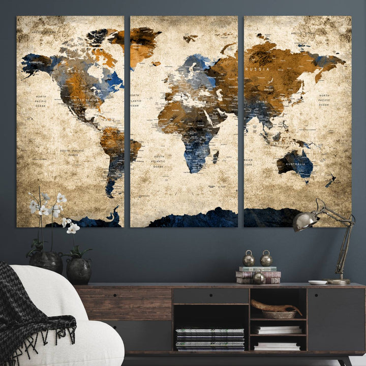Vintage World Map Canvas Print - Framed, Ready to Hang, Rustic Global Map Art for Home and Office Decor