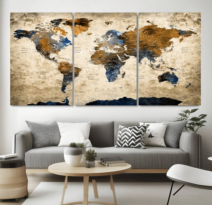 Vintage World Map Canvas Print - Framed, Ready to Hang, Rustic Global Map Art for Home and Office Decor
