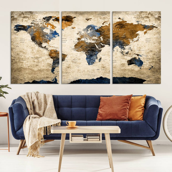 Vintage World Map Canvas Print - Framed, Ready to Hang, Rustic Global Map Art for Home and Office Decor