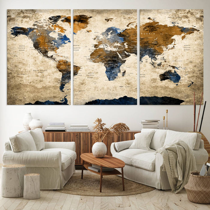 Vintage World Map Canvas Print - Framed, Ready to Hang, Rustic Global Map Art for Home and Office Decor