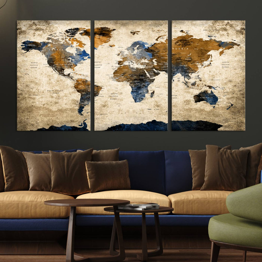 Vintage World Map Canvas Print - Framed, Ready to Hang, Rustic Global Map Art for Home and Office Decor